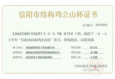 “息縣城南區(qū)域棚戶區(qū)改造項(xiàng)目1#、2#、3#、7#樓、地下車庫(kù)工程”被授予2018下半年“信陽(yáng)市結(jié)構(gòu)雞公山杯”稱號(hào)